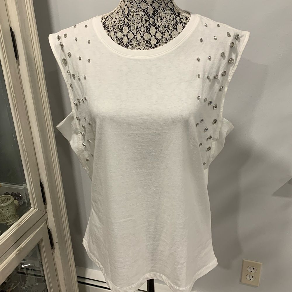INC International Concepts White Boxy Muscle Tee with Embellishments